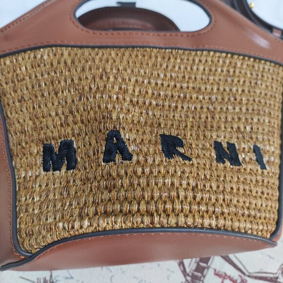 Marni Tropicalia Mini Tote Bag in Brown Leather & Woven Raffia - Picture 2 of 14